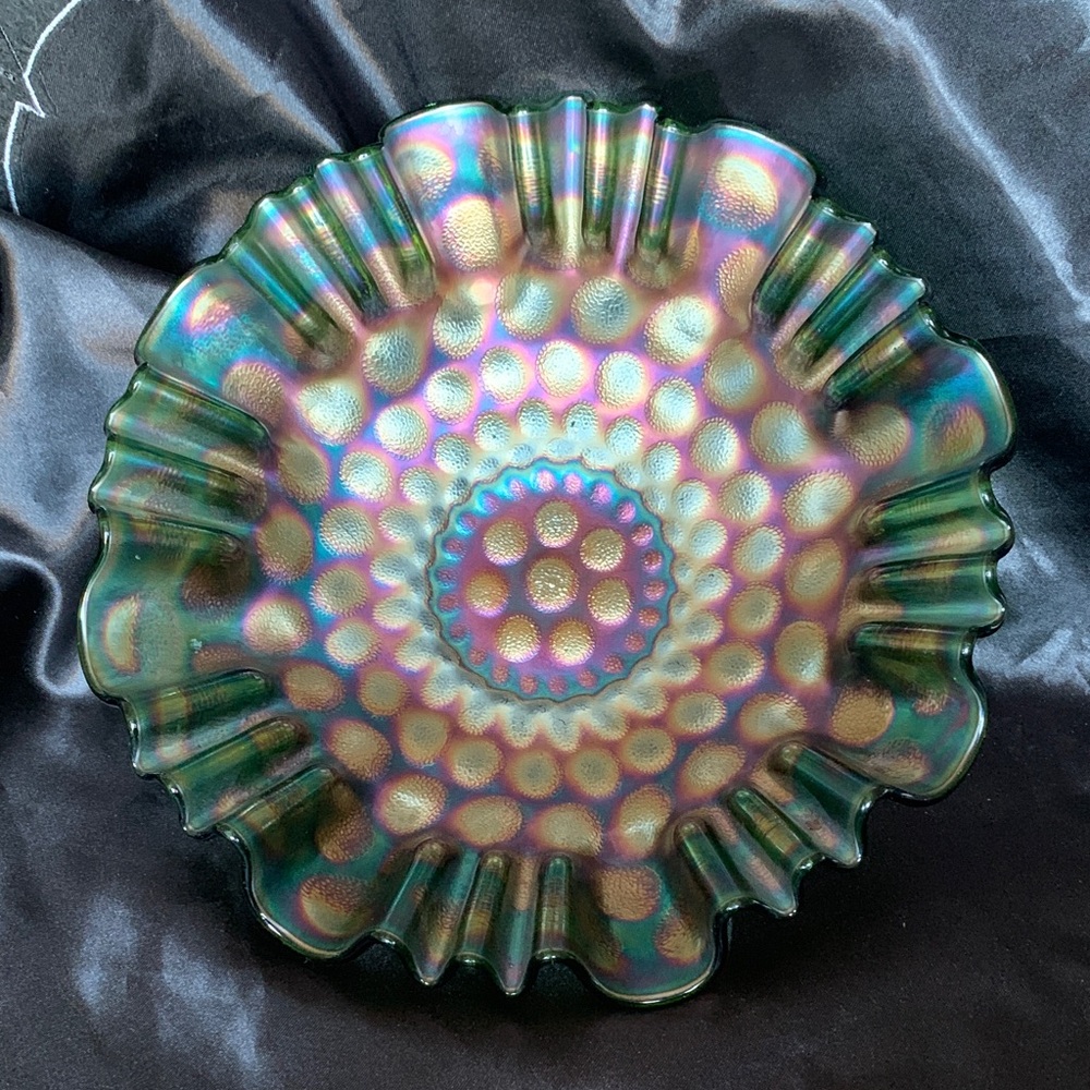 Iridescent Fenton Green Carnival Glass Coin Dot 3-in-1 Edge Bowl Rare